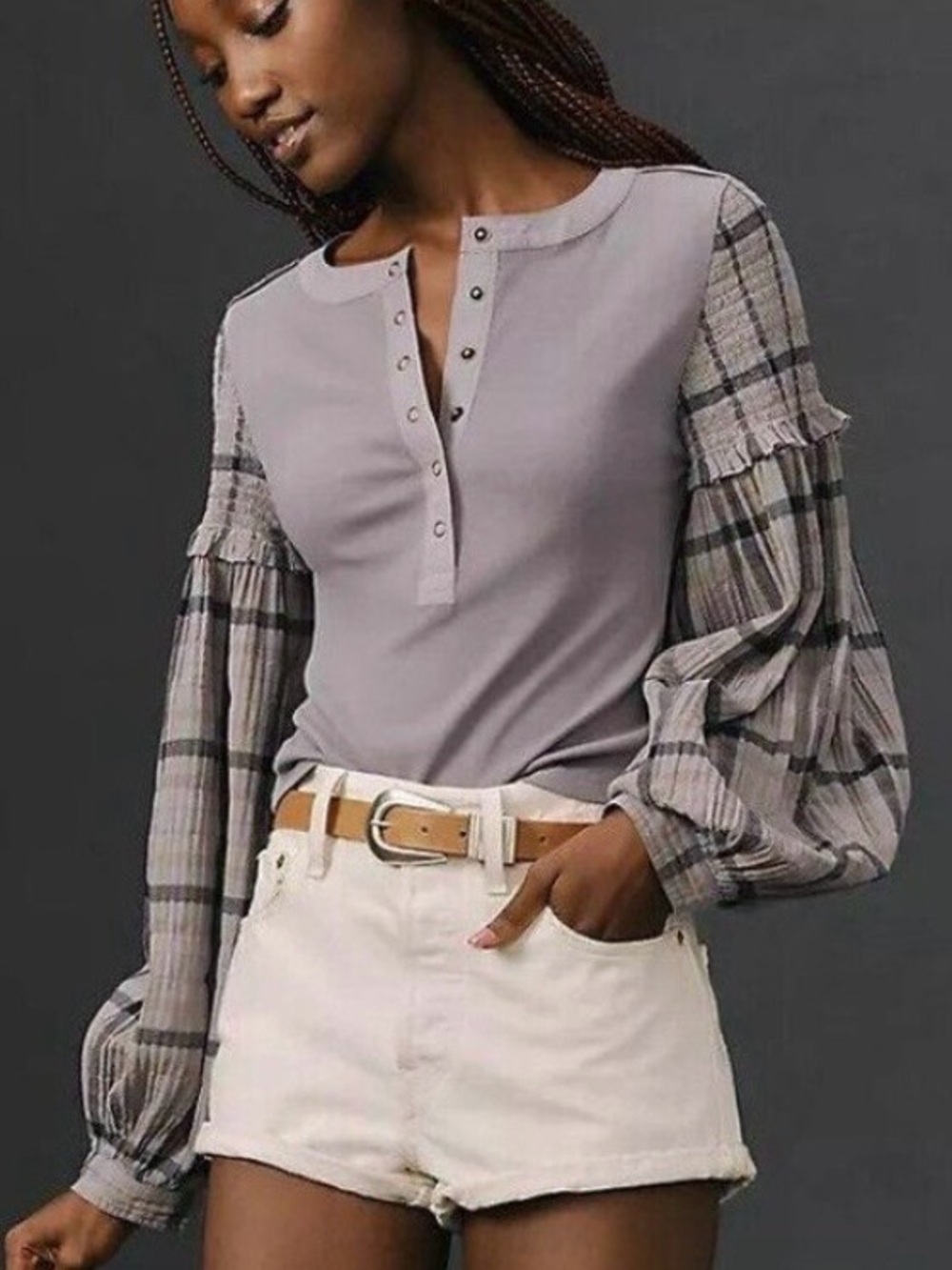 Pilero Anthropologie The Andie Ribbed Henley Top Balloon-Sleeves